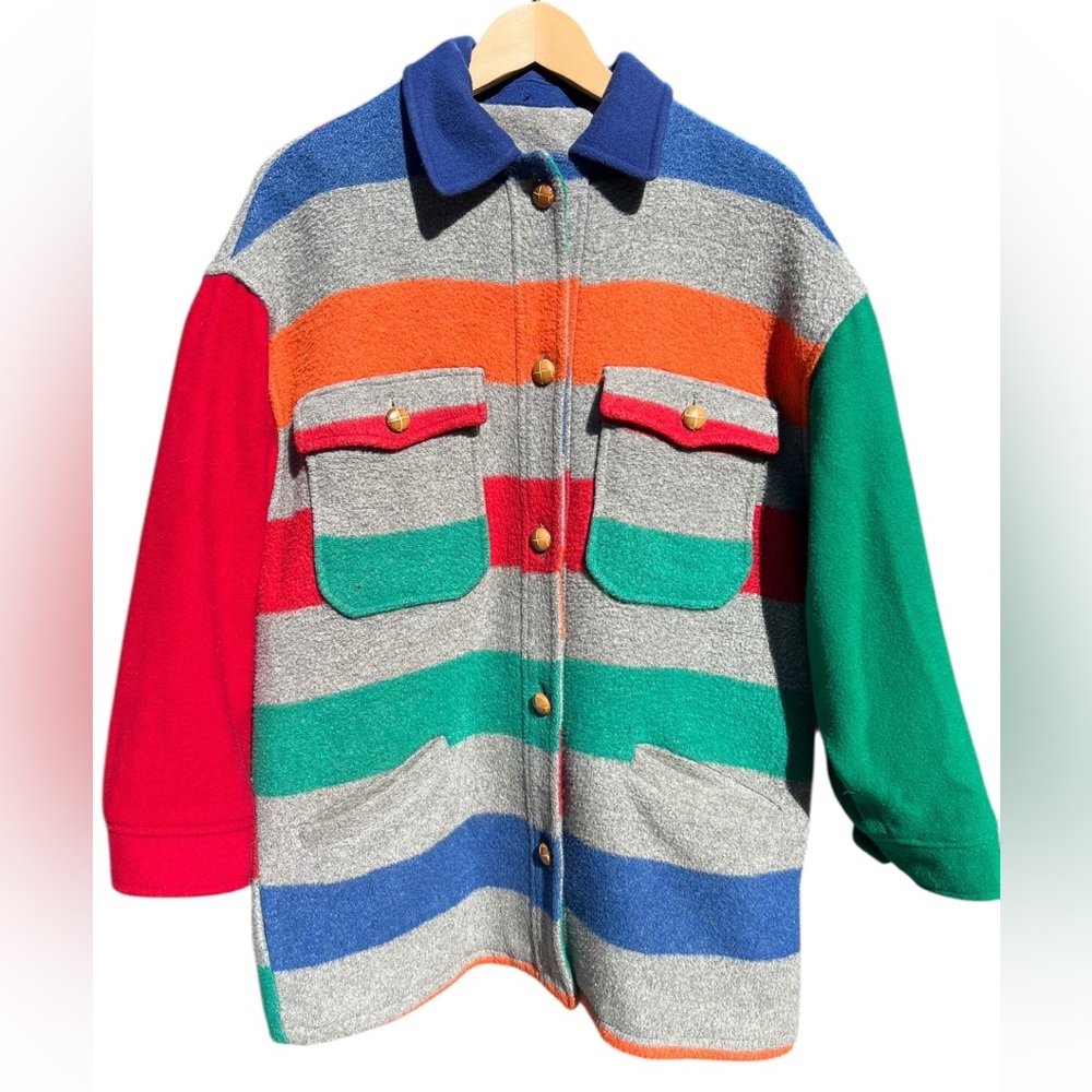 VTG French Country Express Wool Colorblock Striped Coat USA-Made Oversized S 80s